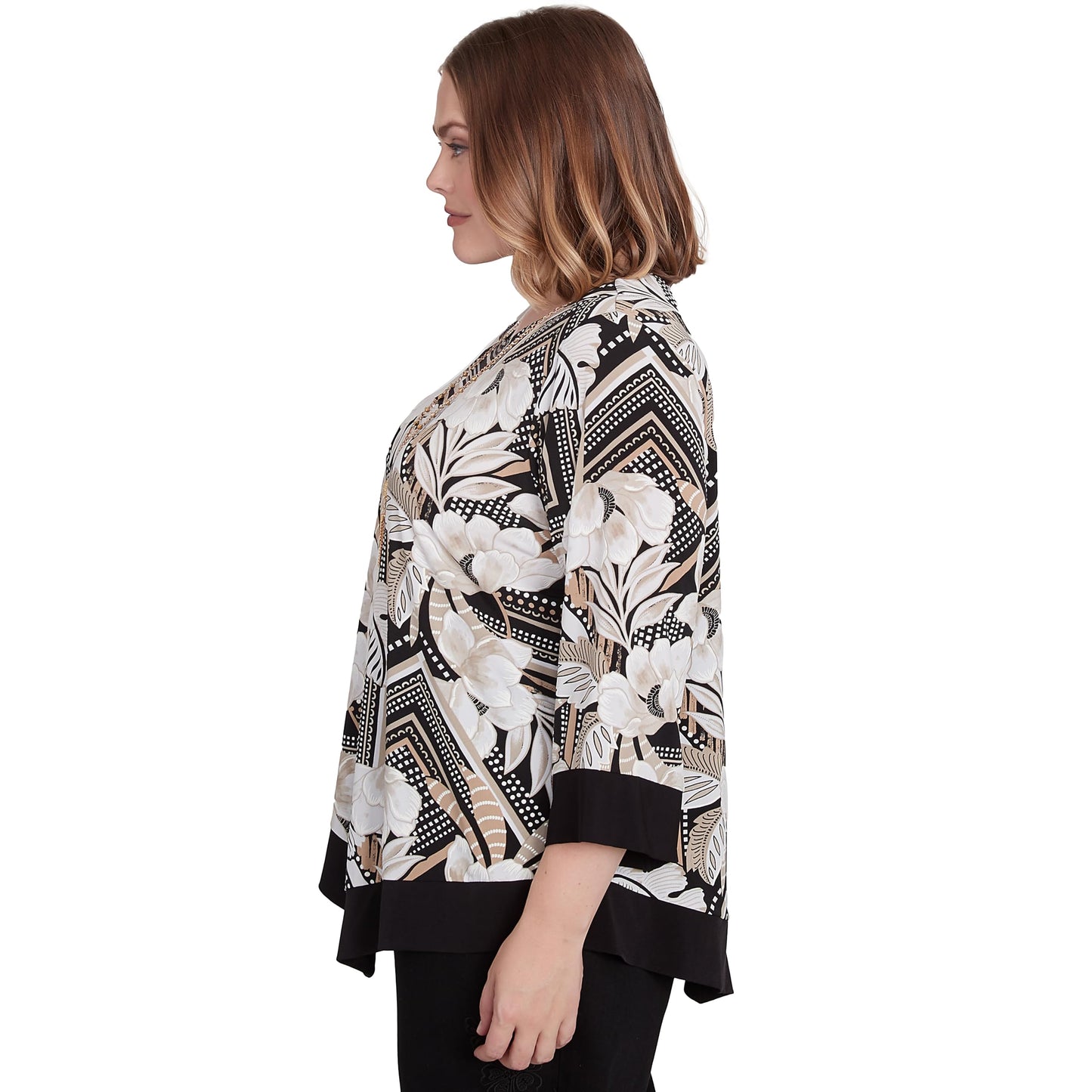 Alfred Dunner Women's Petite Floral Geometric Crewneck Top with Necklace Size PL Neutral Multi
