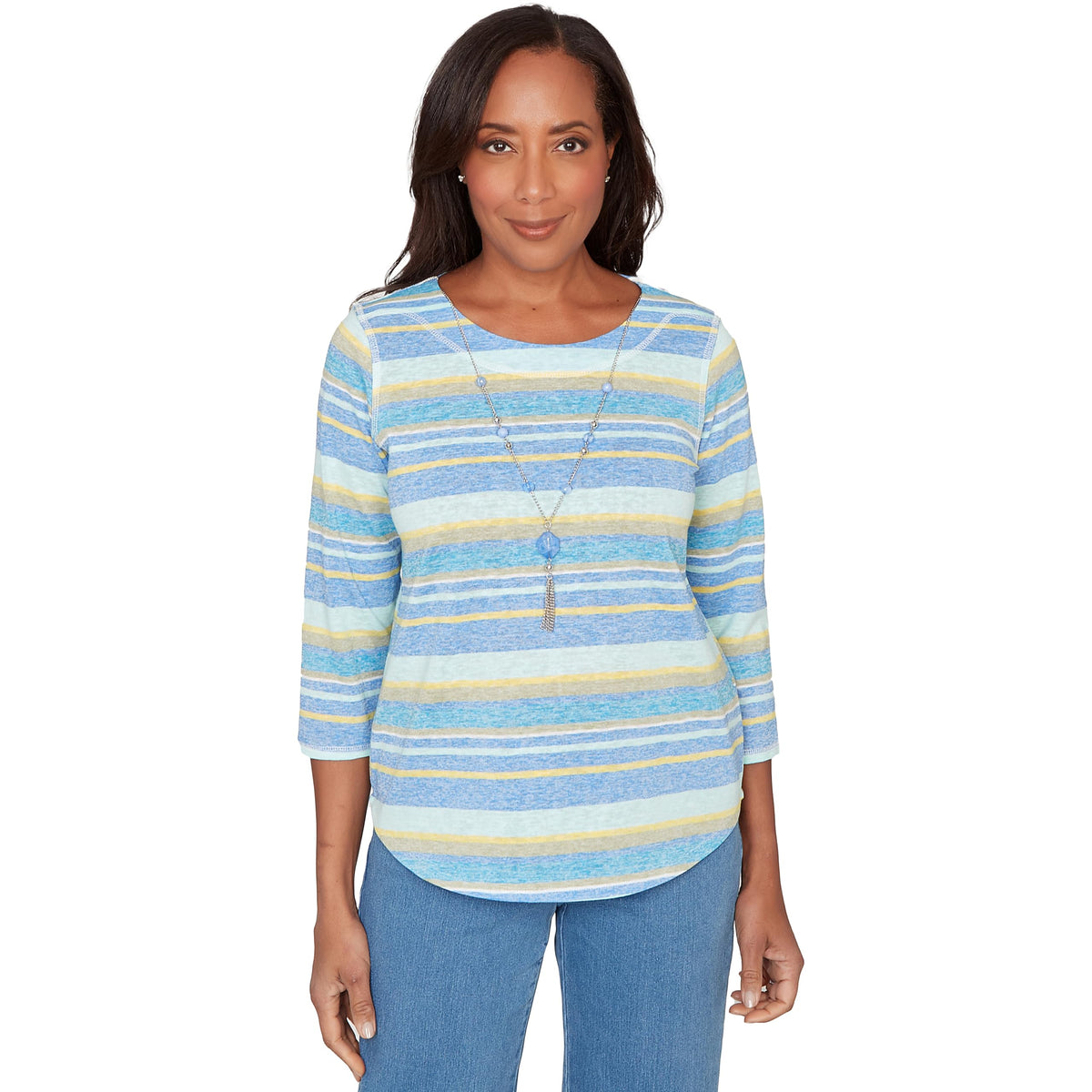 Alfred Dunner Women's Coastal Striped Top with Necklace, Size S, Blue