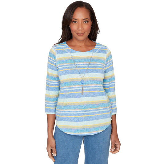 Alfred Dunner Women's Coastal Striped Top with Necklace, Size S, Blue