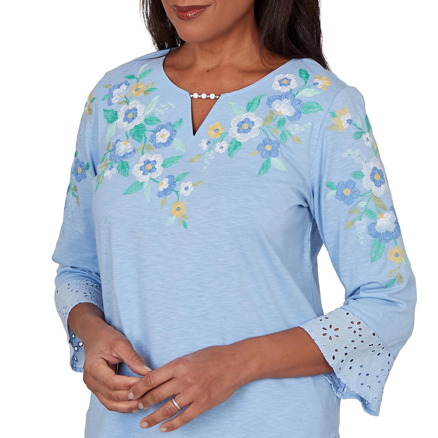 Alfred Dunner Women's Floral Embroidered Split Neck Top