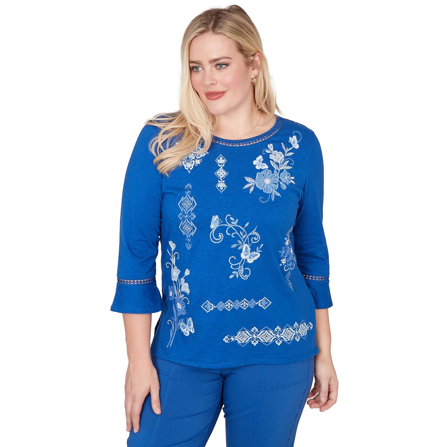 Alfred Dunner Women's Placed Floral Medallion Embroidered Top