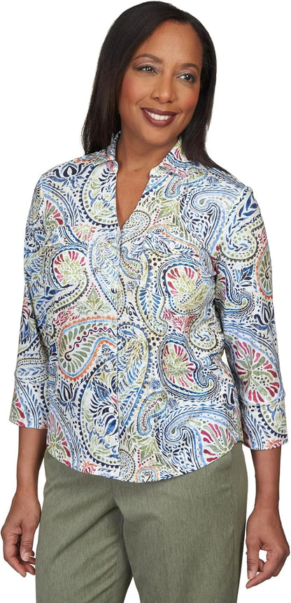 Alfred Dunner Women's Paisley Stretch Knit Button Down Top Size M Multi