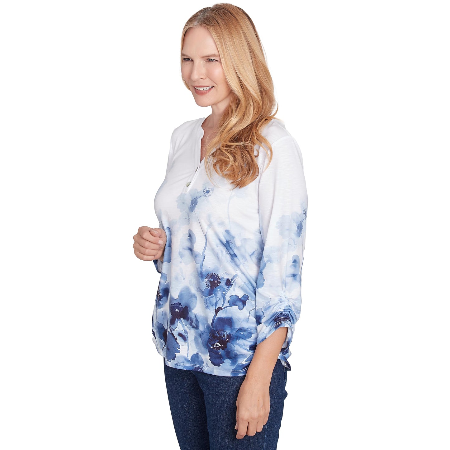 Floral Border Ruched Sleeve Henley Top