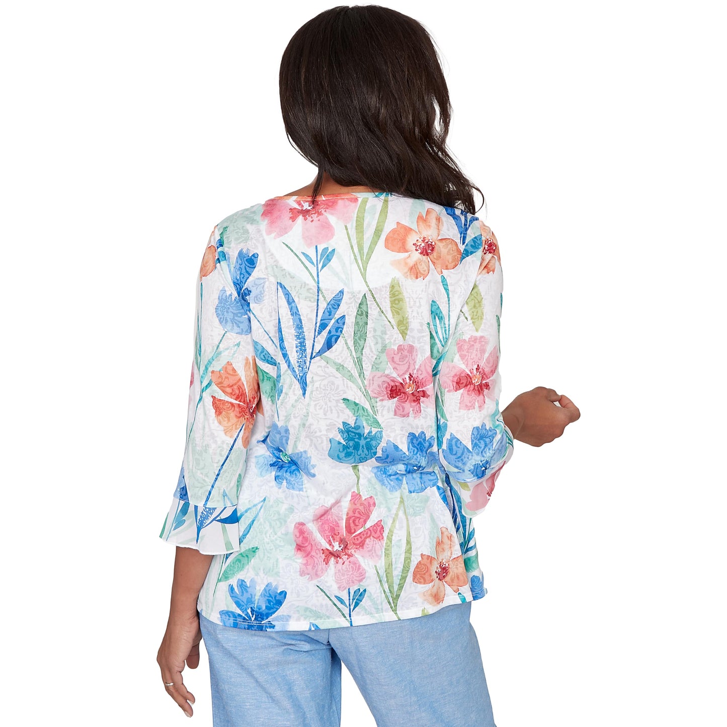 Alfred Dunner Women's Whimsical Flower Bell Sleeve Top