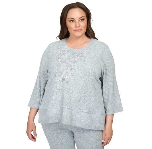 Alfred Dunner Comfort Zone Floral Embroidered with Slit Hem and Ribbed Sleeve (US, Alpha, 3X, Plus, Regular, Plus Size, Grey)