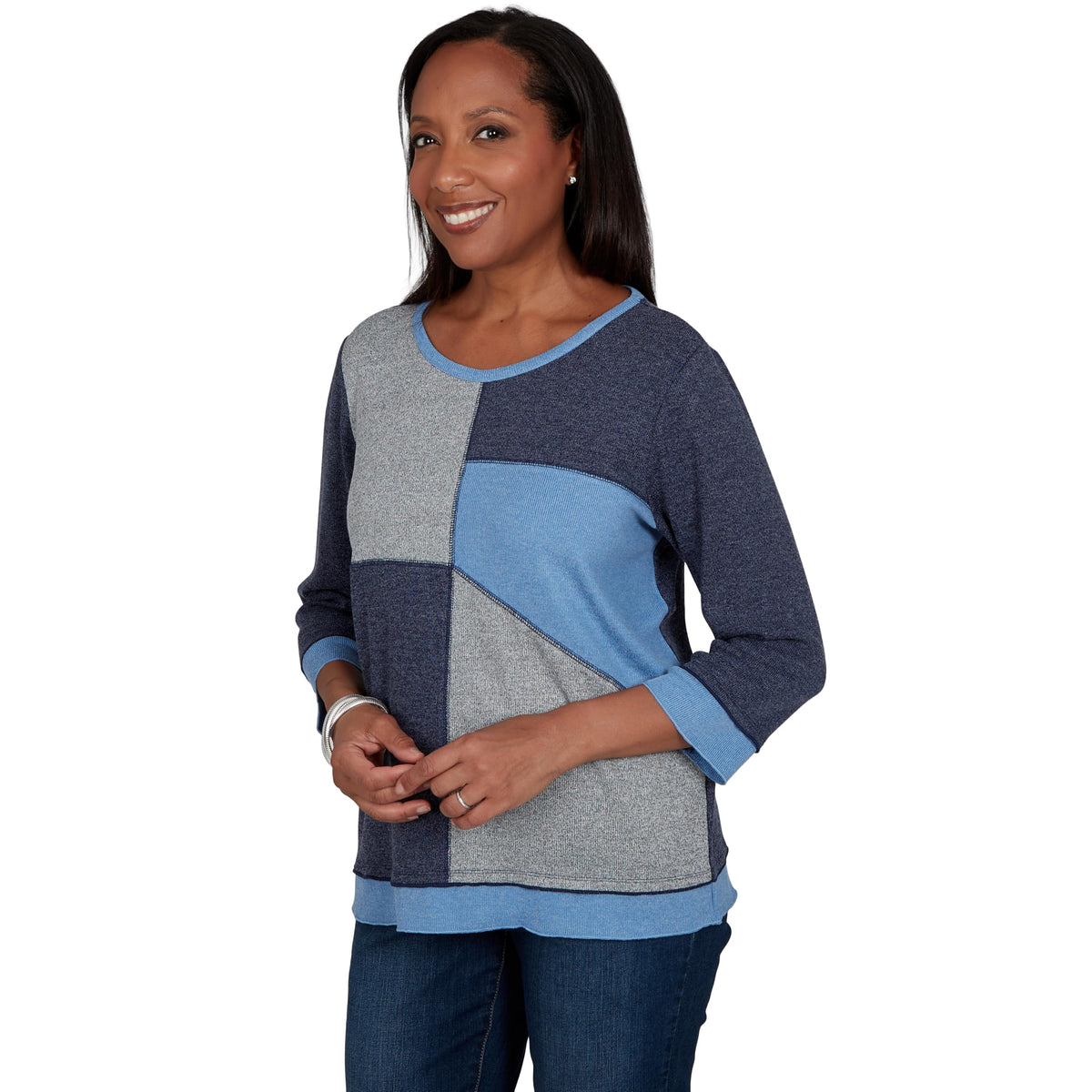 Alfred Dunner Women's Heathered Colorblock Knit Top, Denim, XL