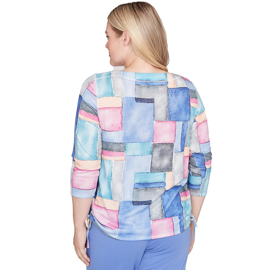 Alfred Dunner Women's Tie Side Ruched Colorblock Top Size L Iris Multi
