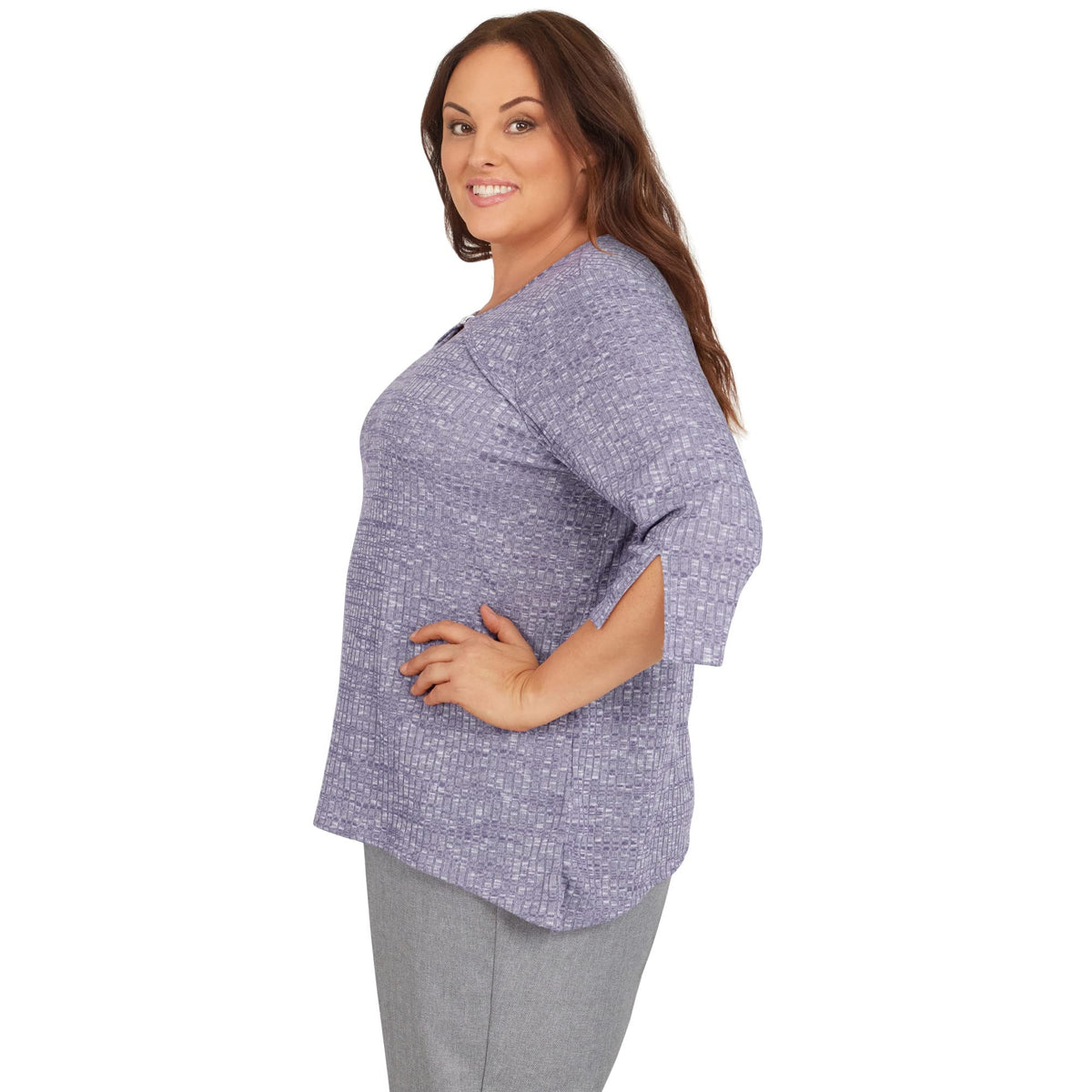 Alfred Dunner Women's Plus-Size Heather Knit Rib Keyhole Neck Top Size 3X Seagreen Plum