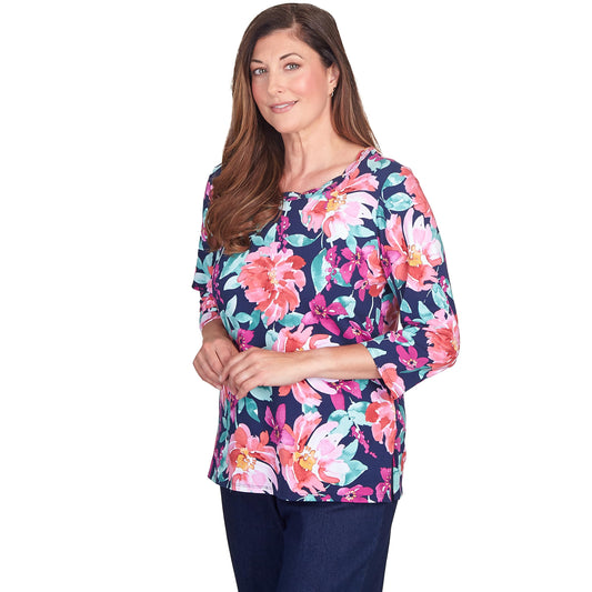 Alfred Dunner Floral Cotton Top 3/4 Sleeve