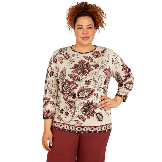 Alfred Dunner Women's Plus-Size Floral Jacquard Geometric Trim Sweater