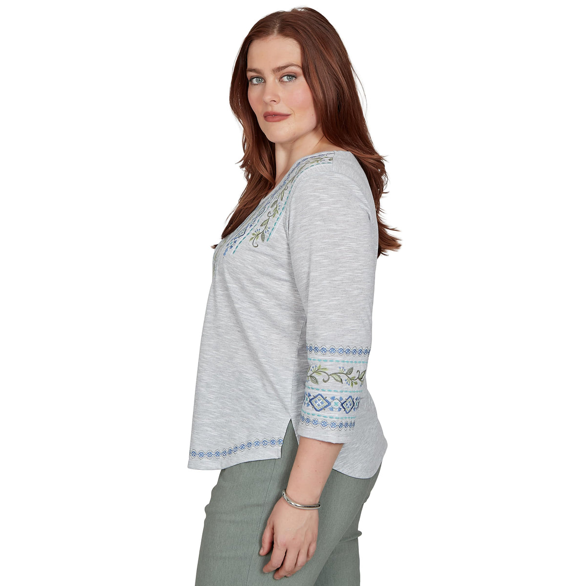 Alfred Dunner Women's Center Diamond Embroidered Top, Grey Heather, L