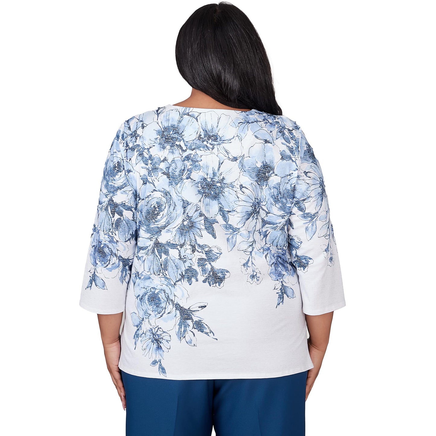 Alfred Dunner Women's Classics Floral Yoke Shimmer Top