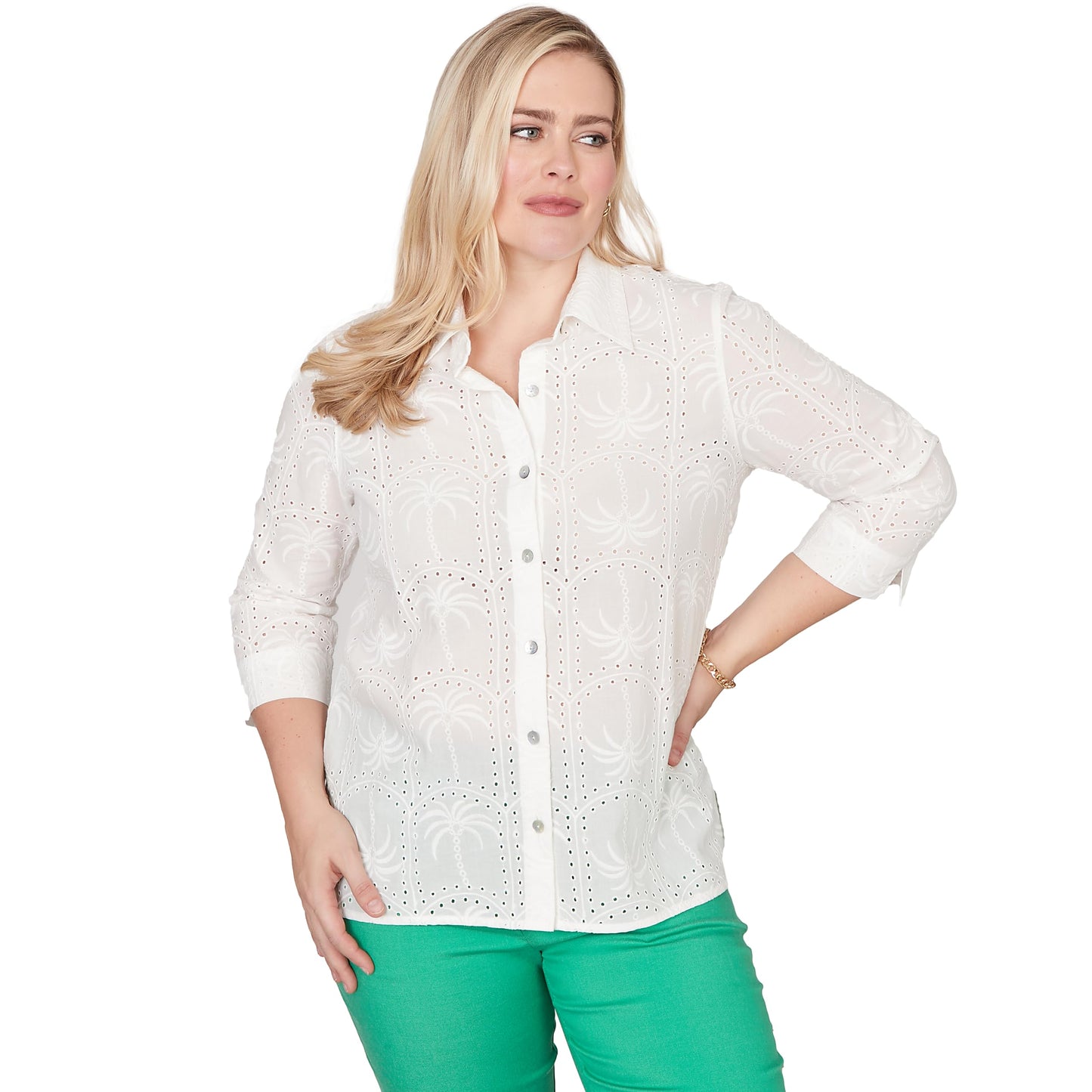 Alfred Dunner Women's Eyelet Palm Tree Button Front Top