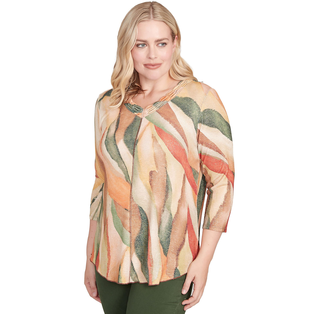 Alfred Dunner Women's Stained Glass Shimmer V-Neck Top Size M Pine Multi
