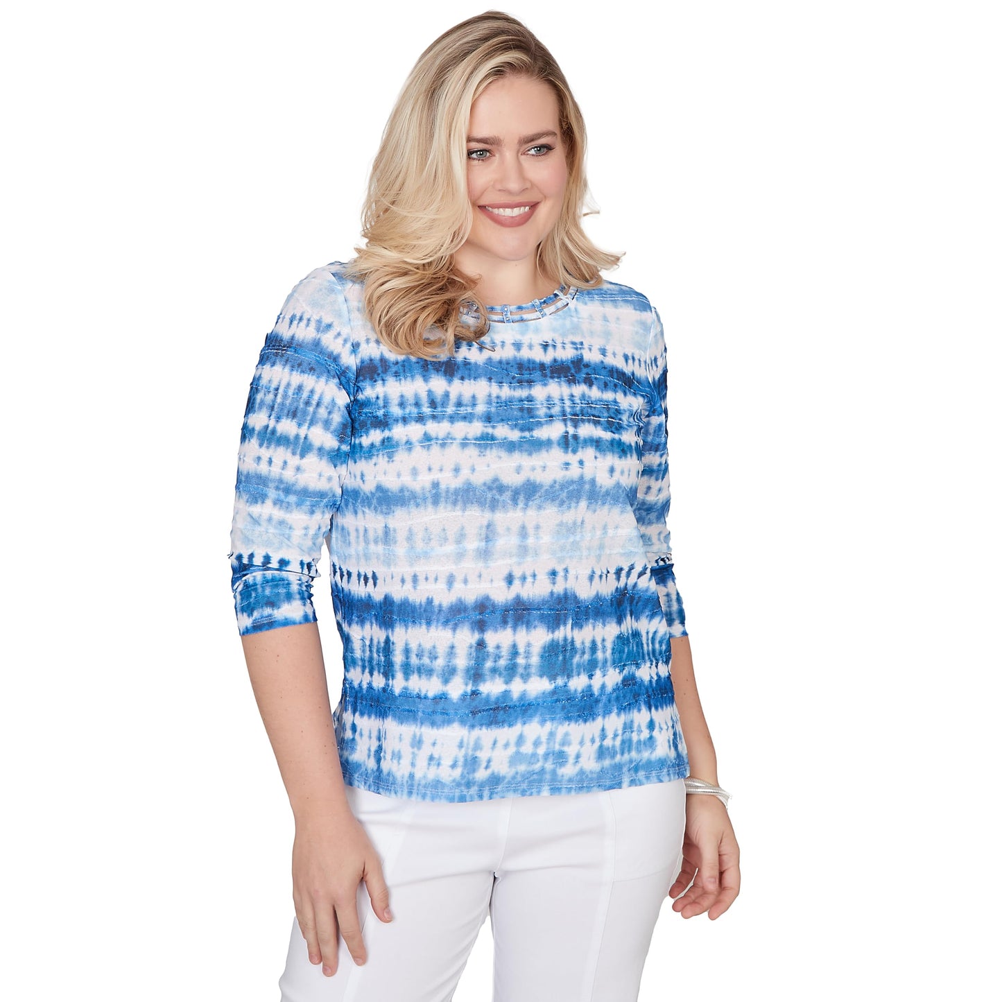 Alfred Dunner Women's Tie Dye Biadere Knotted Crew Neck Top