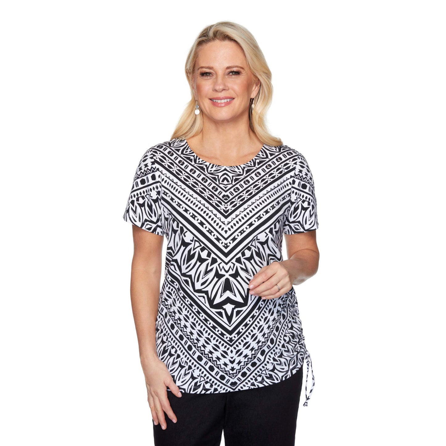 Alfred Dunner Women's Petite Geometric Chevron Short Sleeve Knit Top with Side Ruching Size PXL Multi