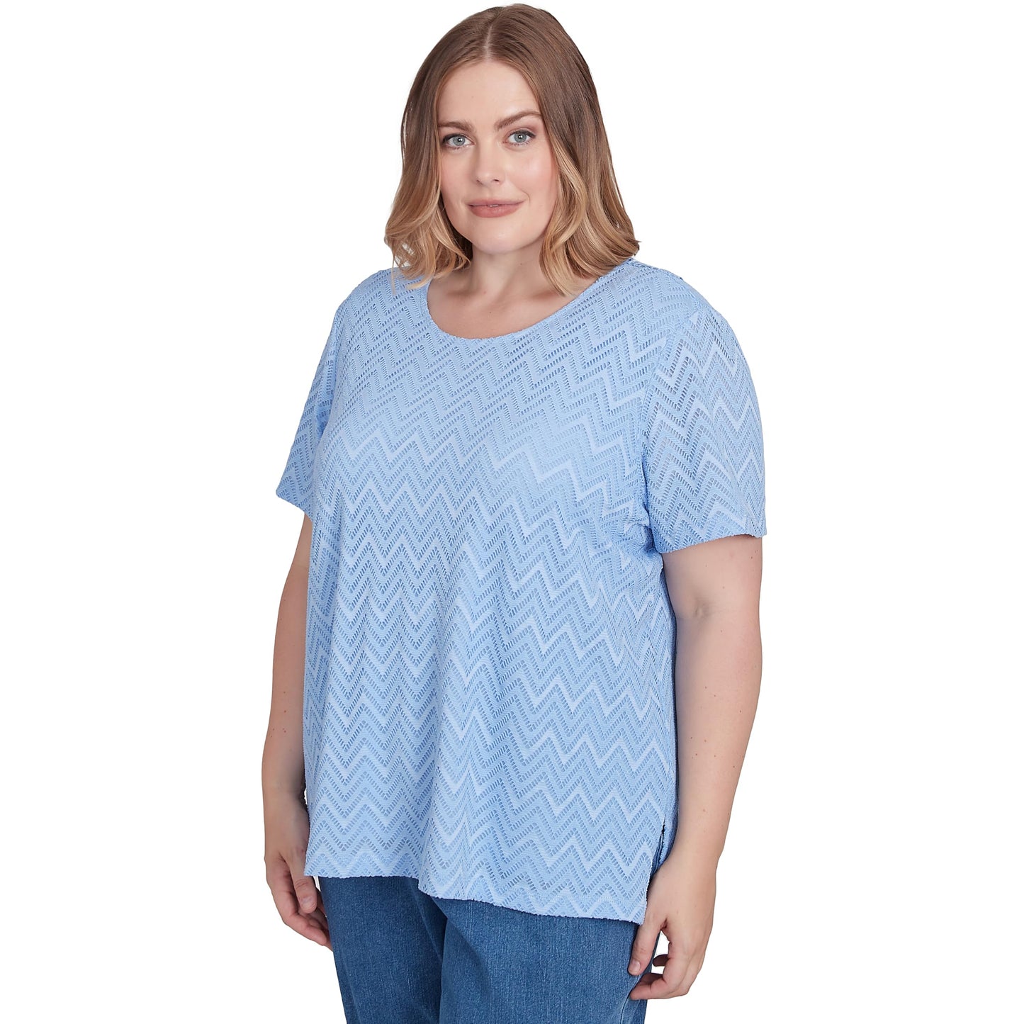 Alfred Dunner Women's Petite Textured Chevron Lace Back Tee Size PS Iris