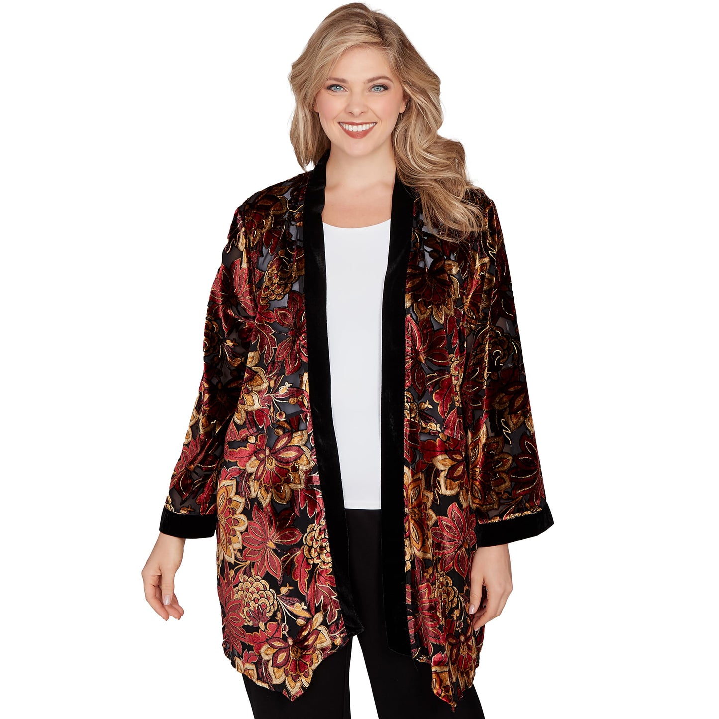 Ruby Rd. Red Allure Velvet Floral Jacket (US, Alpha, Medium, Regular, Petite, Petite, Cherry/multi)