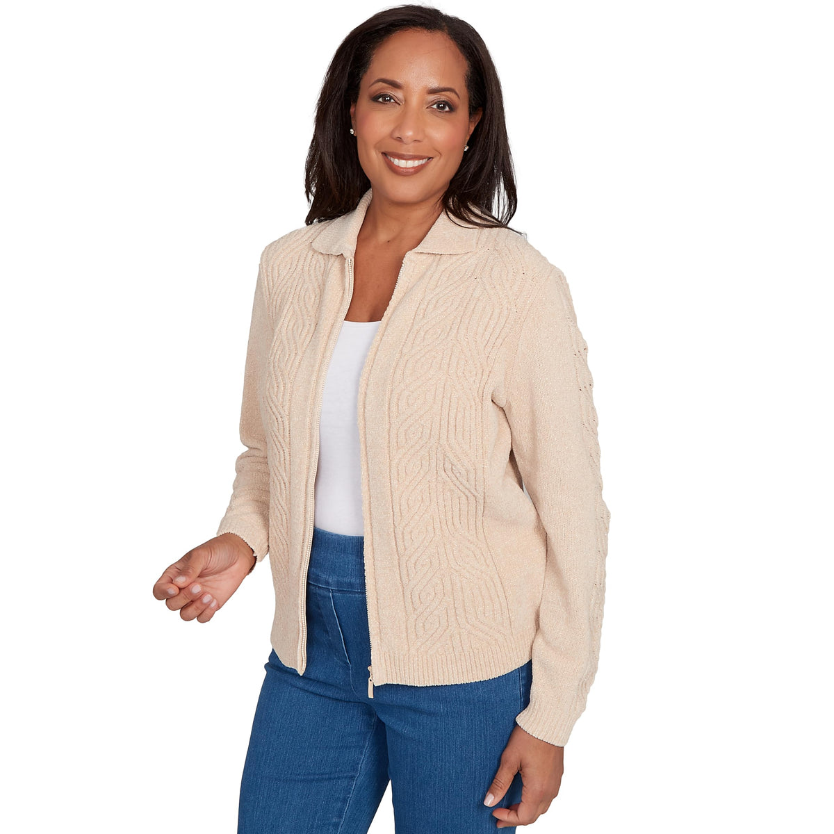 Alfred Dunner Chenille Zip Front Cardigan (US, Alpha, Small, Regular, Regular, Standard, Latte)