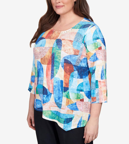 Alfred Dunner Women's Plus-Size Geometric Stained Glass Asymmetric Top Size 3X Multi