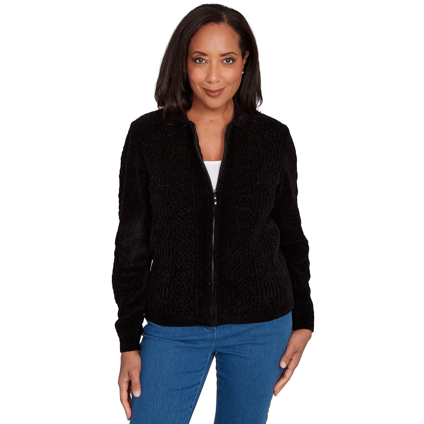 Alfred Dunner Chenille Zip Front Cardigan (US, Alpha, Medium, Regular, Regular, Standard, Black)