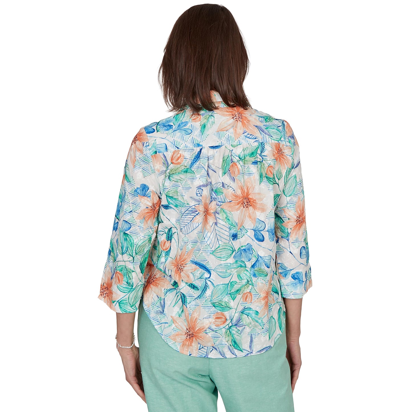 Alfred Dunner Women's Tropical Flower Eyelet Tie Sleeve Top