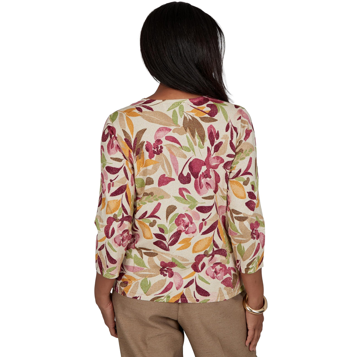 Alfred Dunner Women's Floral Painterly Print Shimmer Sweater, Tan, XL