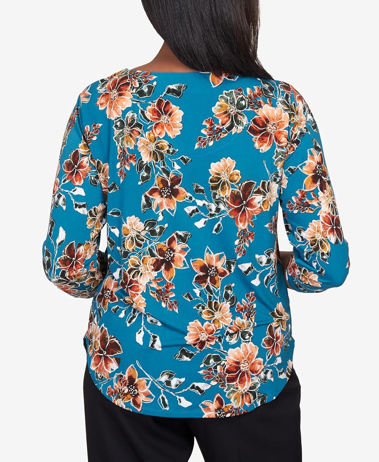 Alfred Dunner Women's Tossed Floral Shirttail Hem Top Size L Teal