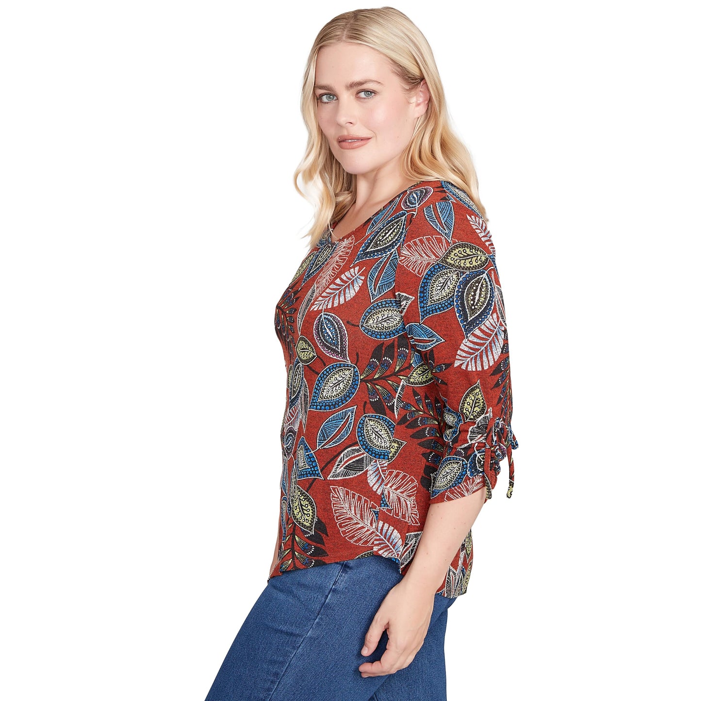 Alfred Dunner Batik Leaves Melange Asymmetrical Top