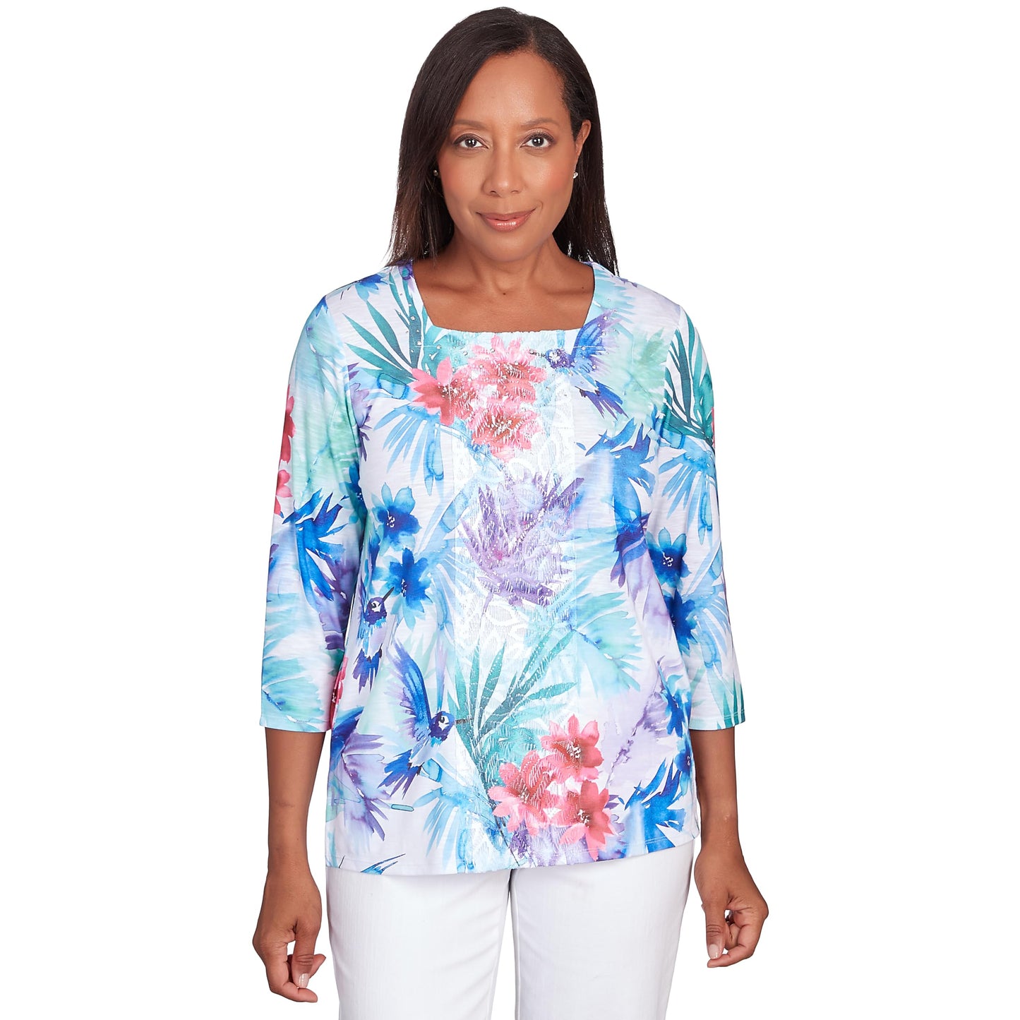 Alfred Dunner Women's Classics Brights Tropical Birds Lace Paneled Top