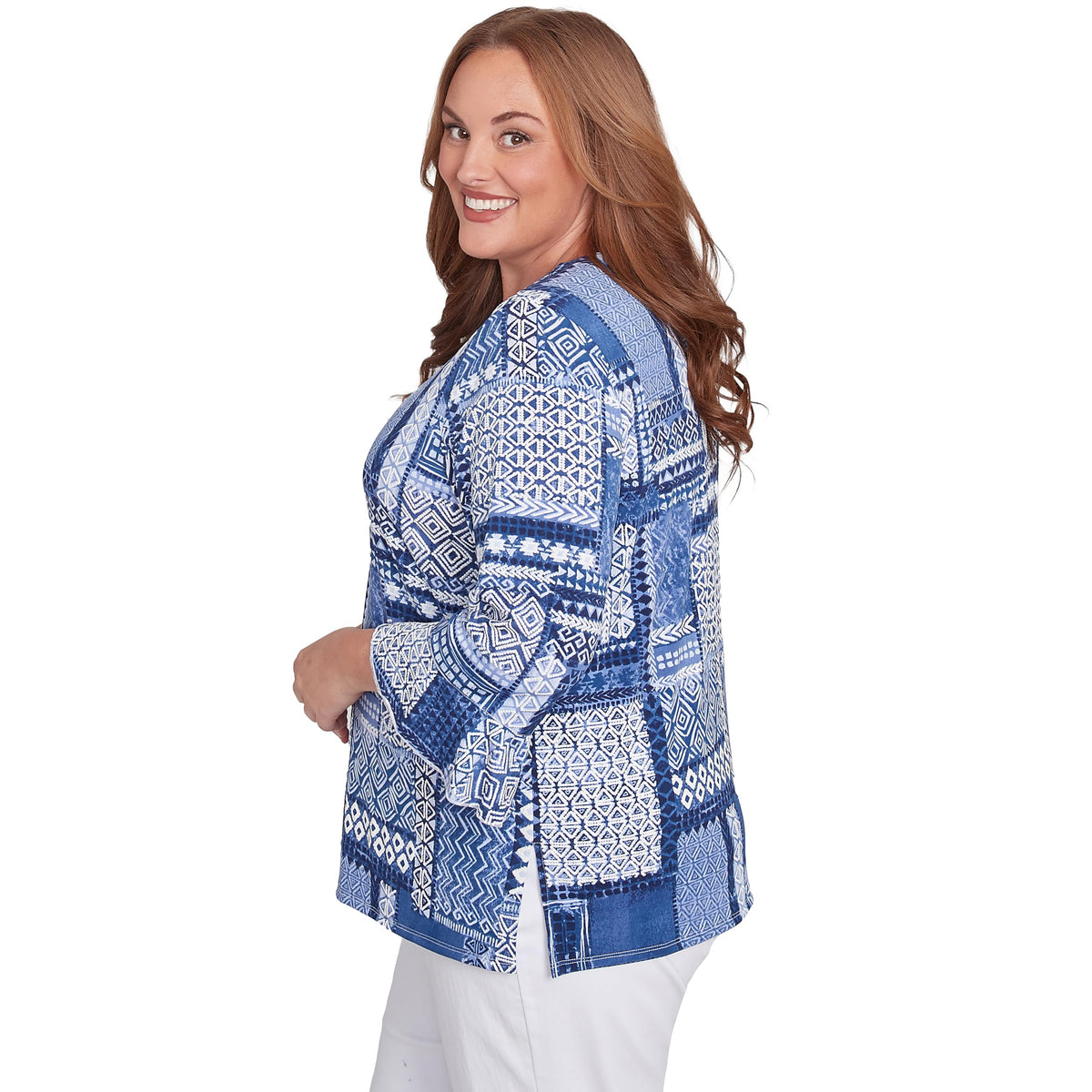 Alfred Dunner Womens Petite Beaded Split Neck Patchwork Top, Denim, Size PM