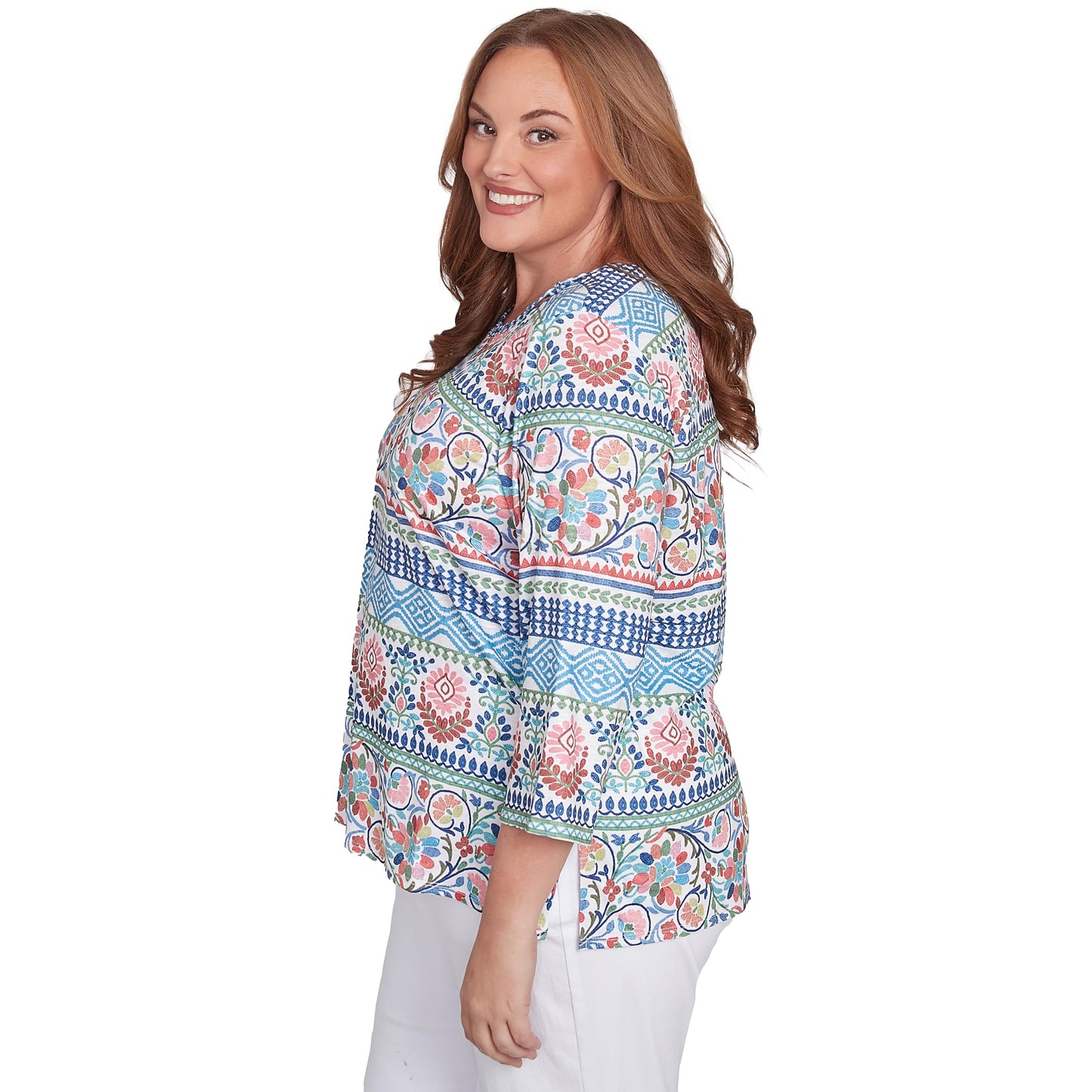 Alfred Dunner Women's Plus-Size Knit Scroll Geometric Crewneck Top Size 3X Navy Multi