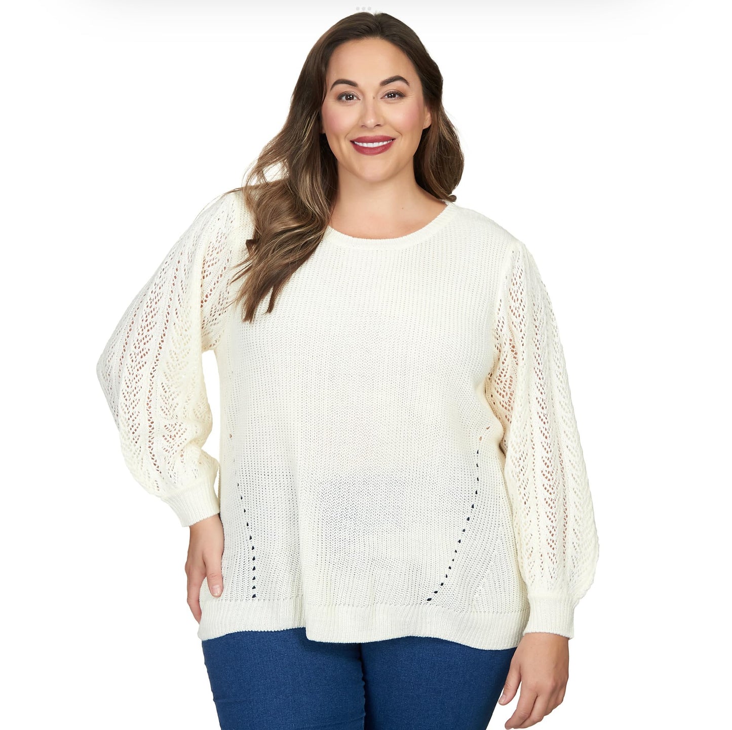 Ruby Rd. Pullover Sweater All Acrylic with Pointelle Puff Sleeve