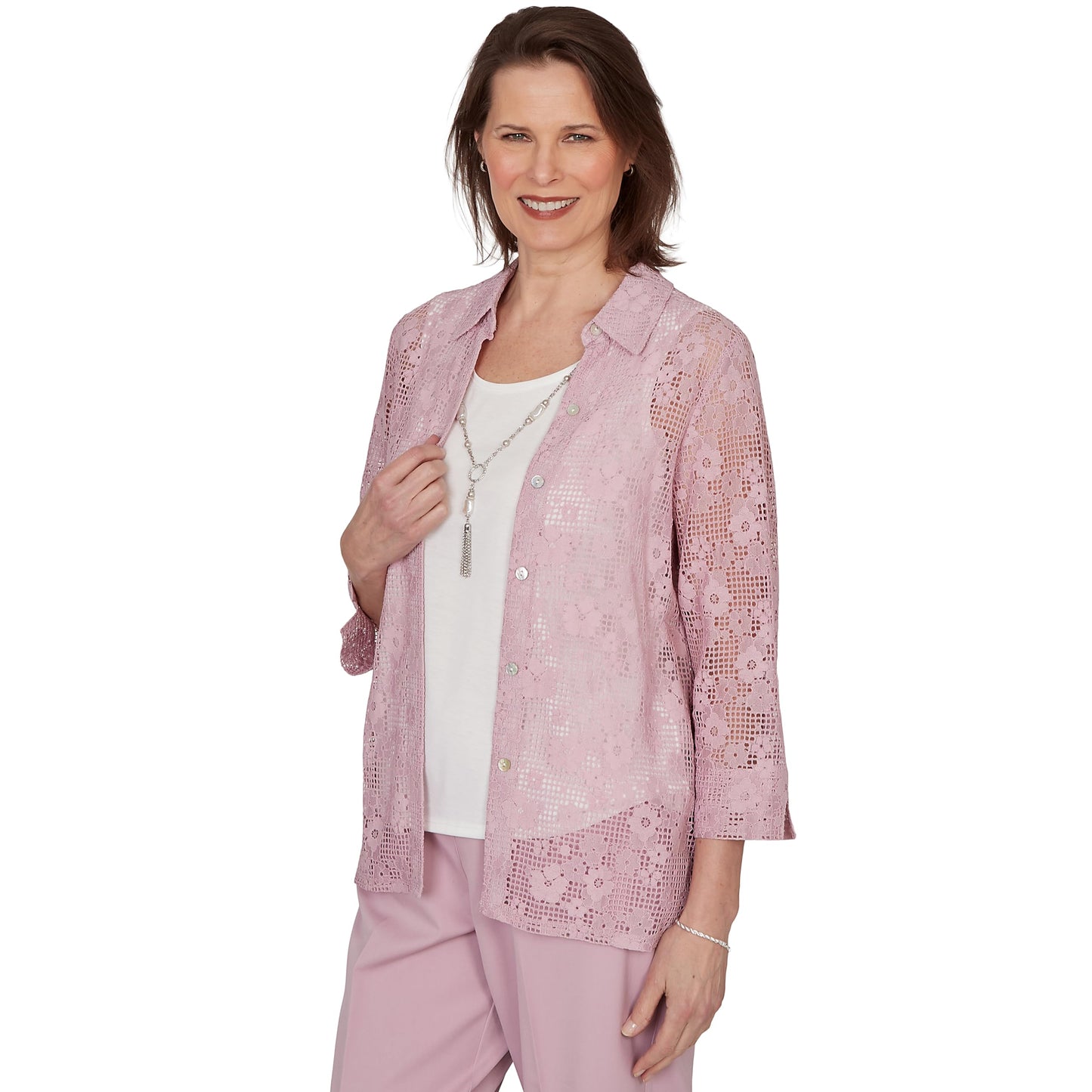 Alfred Dunner Women's Floral Lace Two in One Top with Necklace