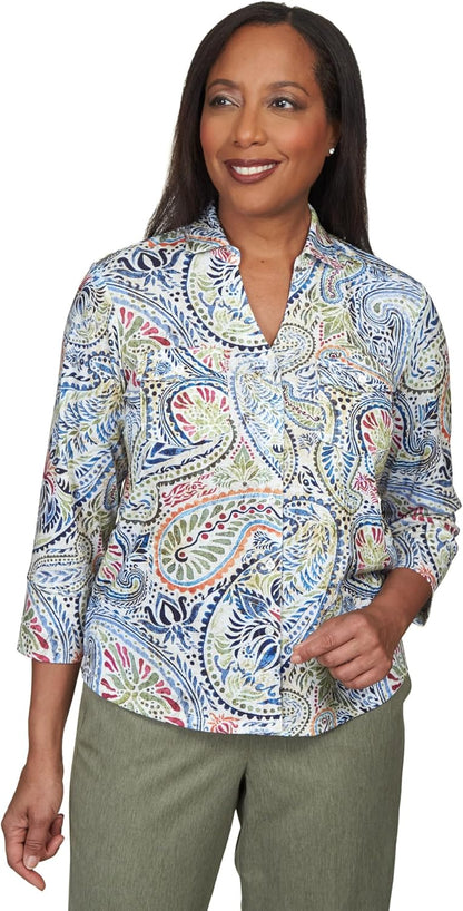 Alfred Dunner Women's Paisley Stretch Knit Button Down Top Size M Multi