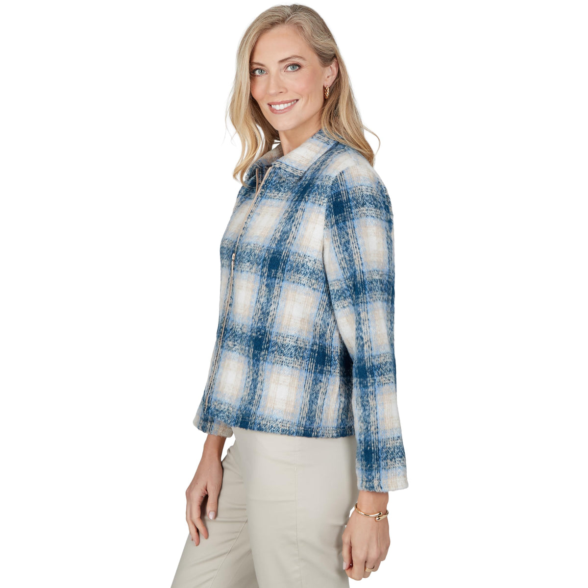Alfred Dunner Petite Plaid Texture Zip Jacket, Blue, PS