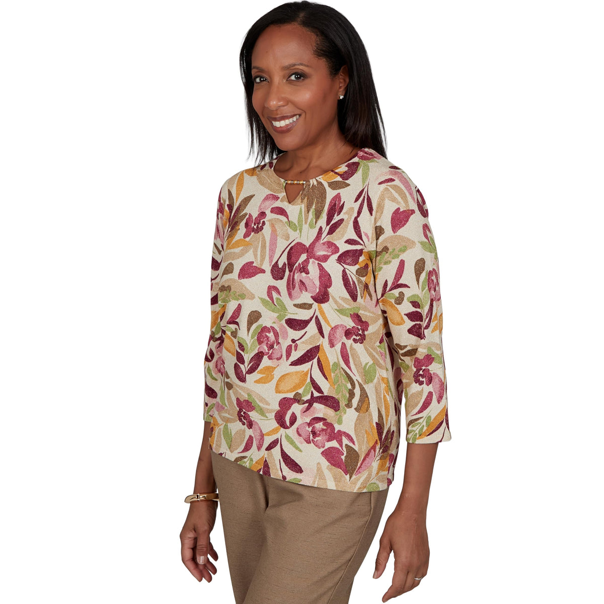 Alfred Dunner Women's Floral Painterly Print Shimmer Sweater, Tan, M