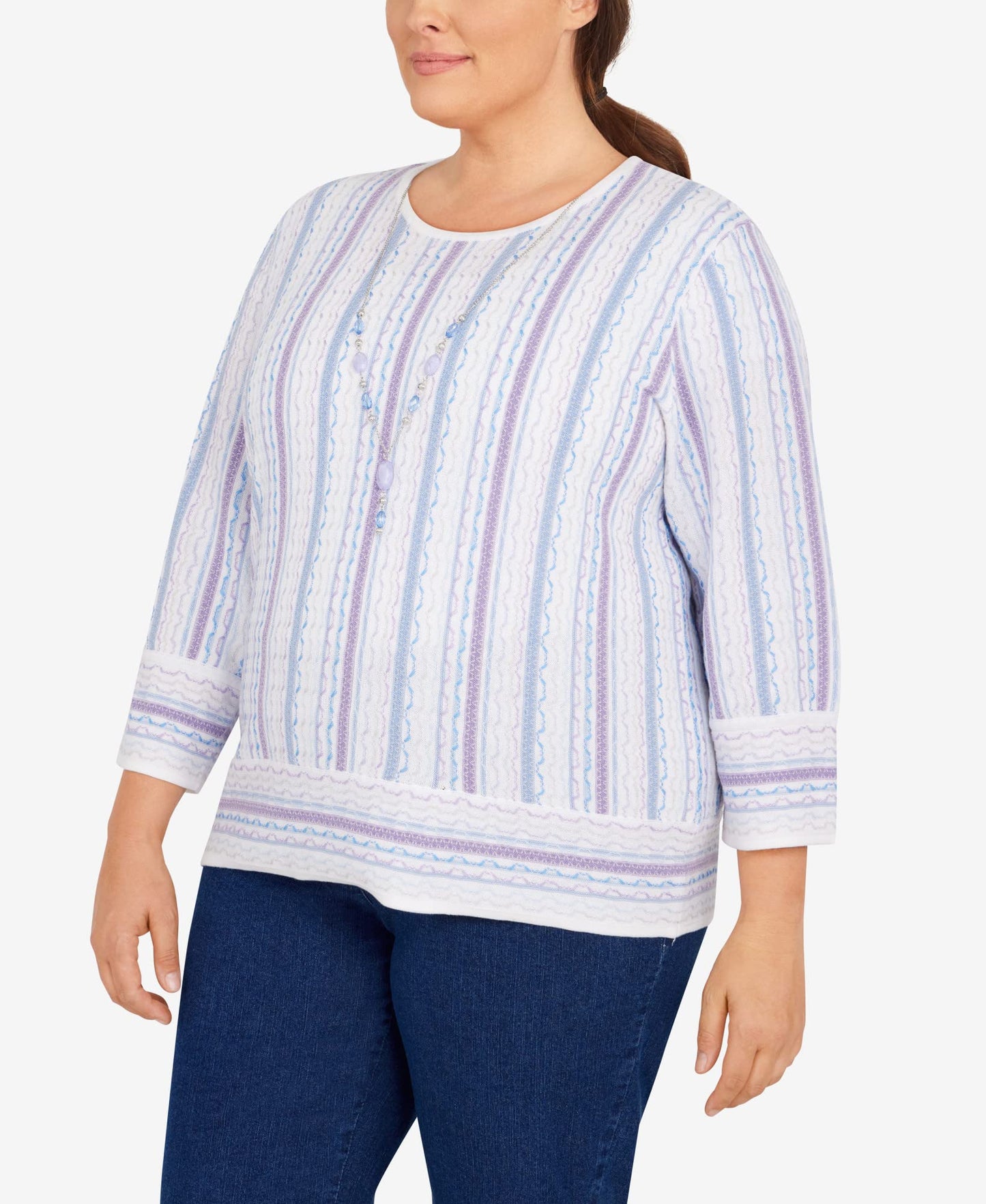 Alfred Dunner Women's Plus-Size Womens Crewneck Three-Quarter Bell Sleeve Stripe Sweater with Removable Necklace