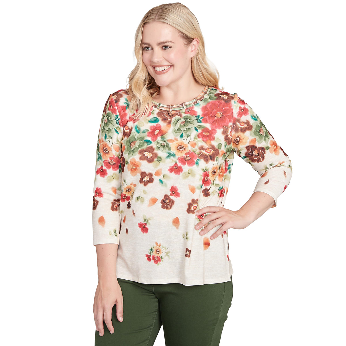 Alfred Dunner Women's Floral Detailed Neck Top Size S Oatmeal Multi