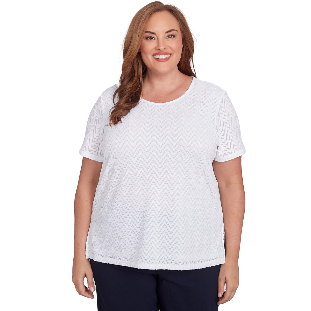 Alfred Dunner Women's Textured Chevron Lace Back Tee Size L White