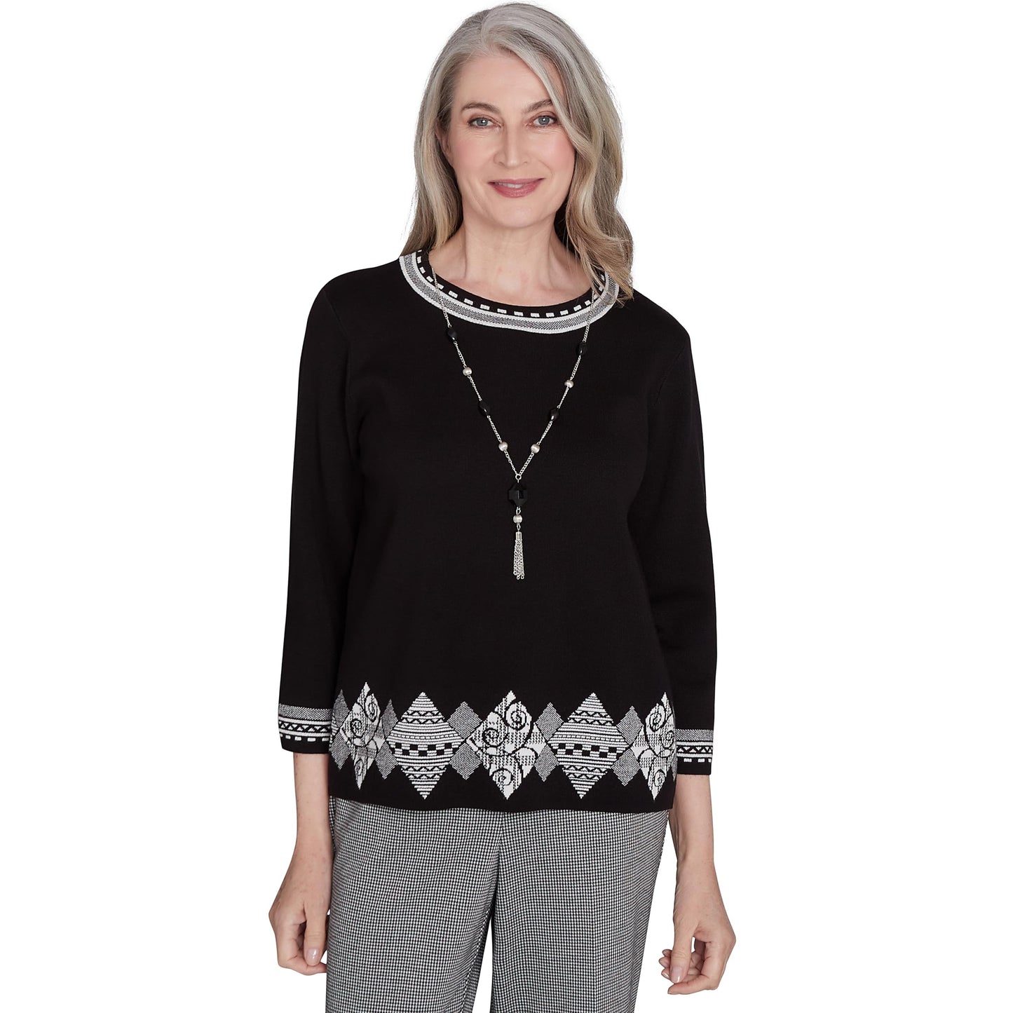 Alfred Dunner Runway Ready Black and White with Diamond Border Knit Sweater Top