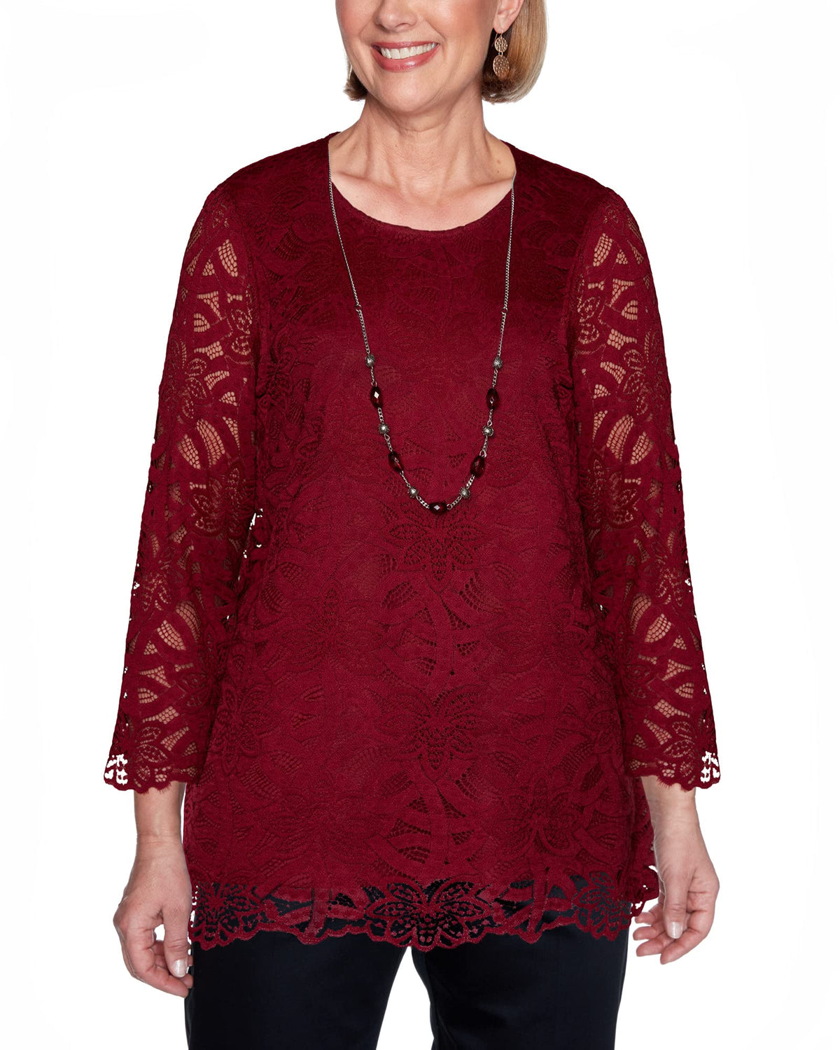 Alfred Dunner Women's Petite Beautiful Solid Lace Knit Body-Lined Top with Pretty Necklace