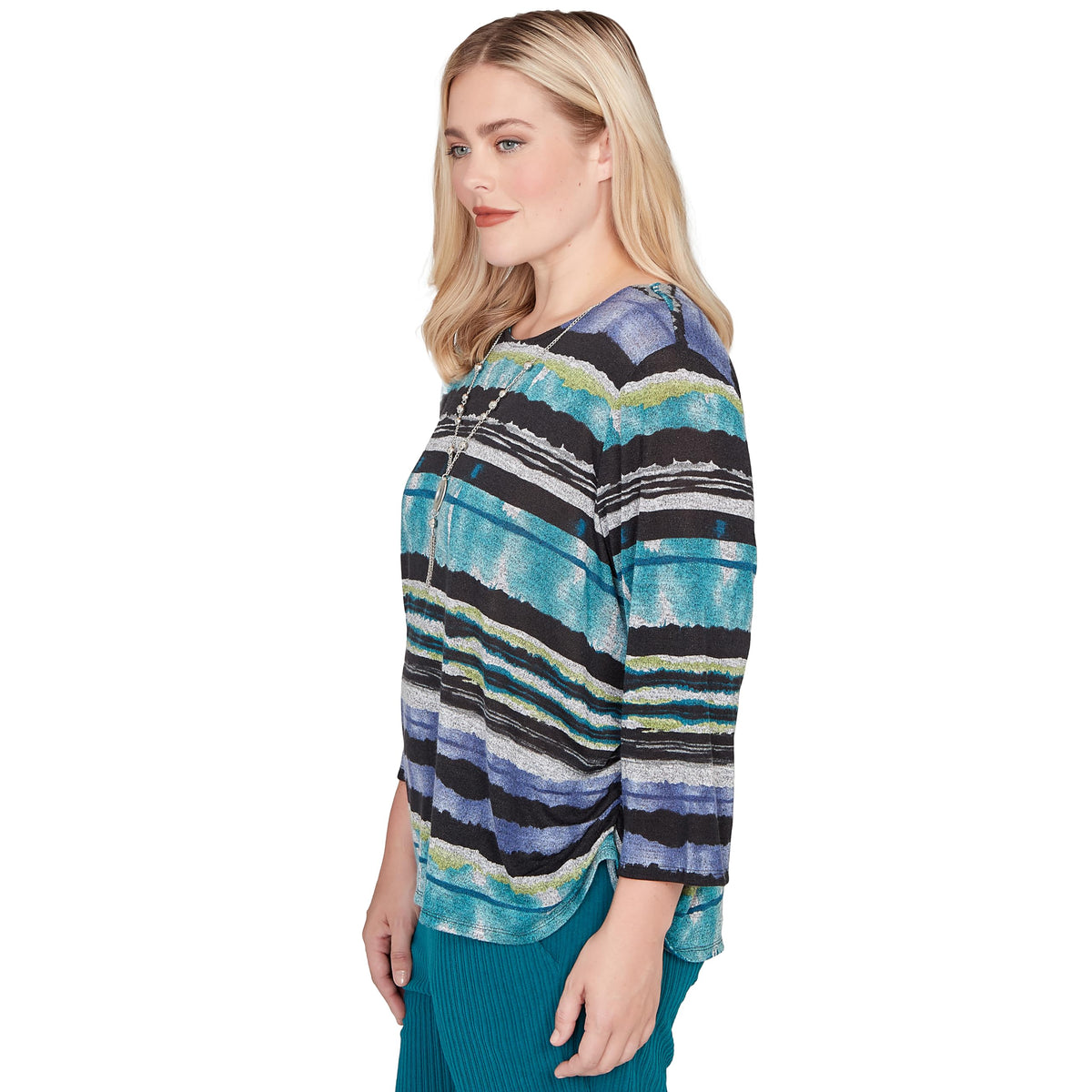 Alfred Dunner Women's Biadere Melange Stripe Top with Necklace Size XL Black Multi