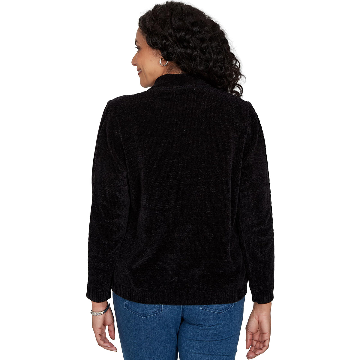 Alfred Dunner Women's Cable Chenille Zip Cardigan Sweater, Black, L