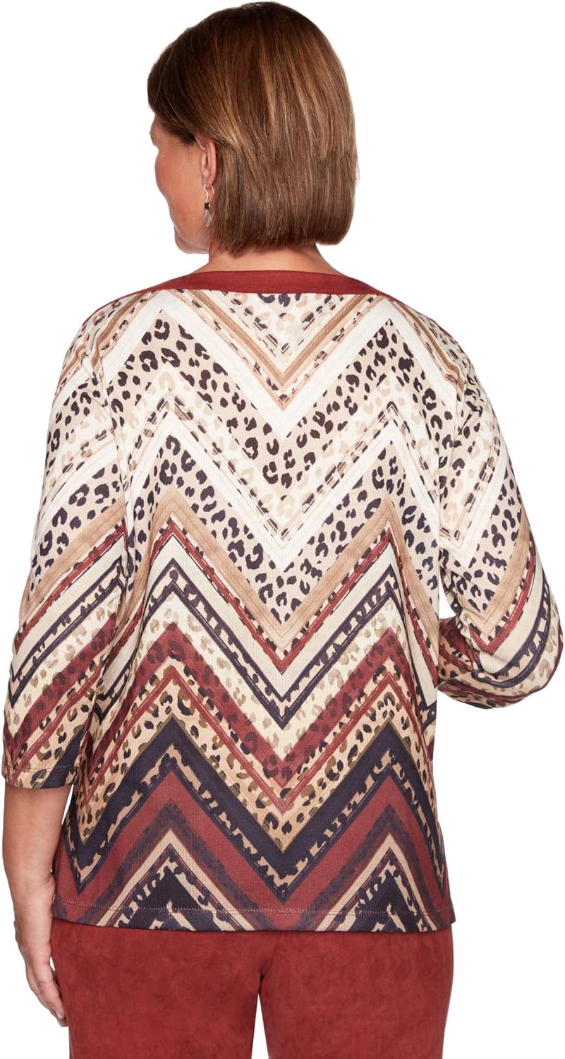 Alfred Dunner Women's Fashion Animal Skin Chevron Pattern Knit Top with Suede Trim Size XL Multi