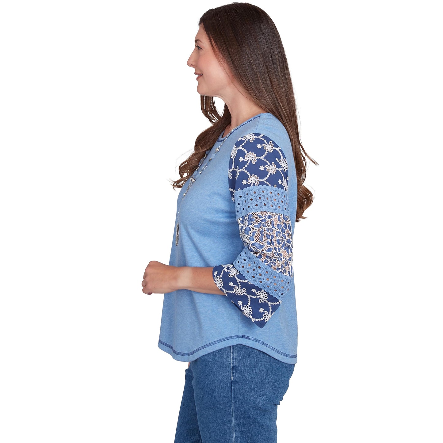 Alfred Dunner Free Spirit Cotton/Poly Top with Patchwork Sleeve (US, Alpha, Medium, Regular, Regular, Standard, Blue)