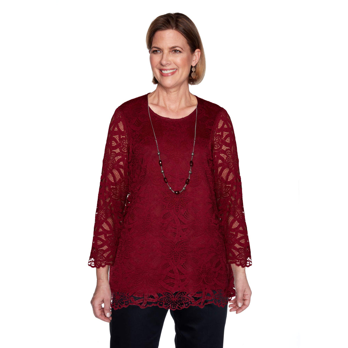 Alfred Dunner Women's Petite Beautiful Solid Lace Knit Body-Lined Top with Pretty Necklace