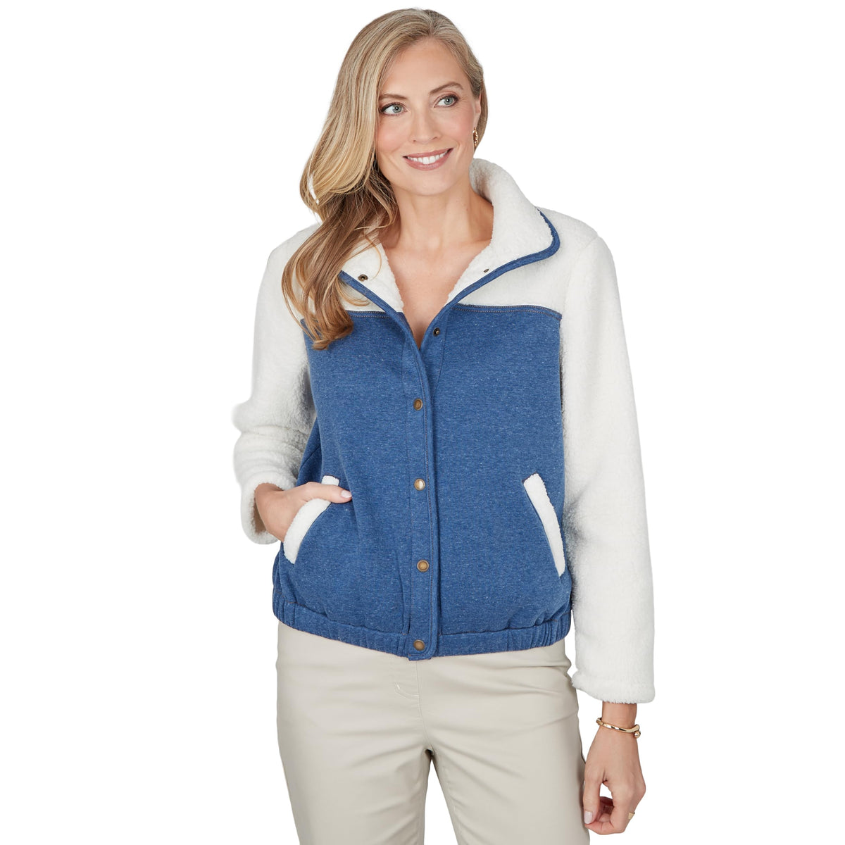 Alfred Dunner Women's Denim and Sherpa Jacket, Stone, M