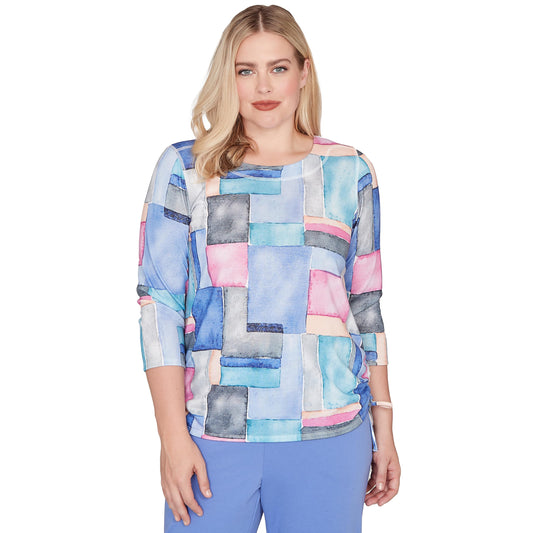 Alfred Dunner Women's Tie Side Ruched Colorblock Top Size L Iris Multi