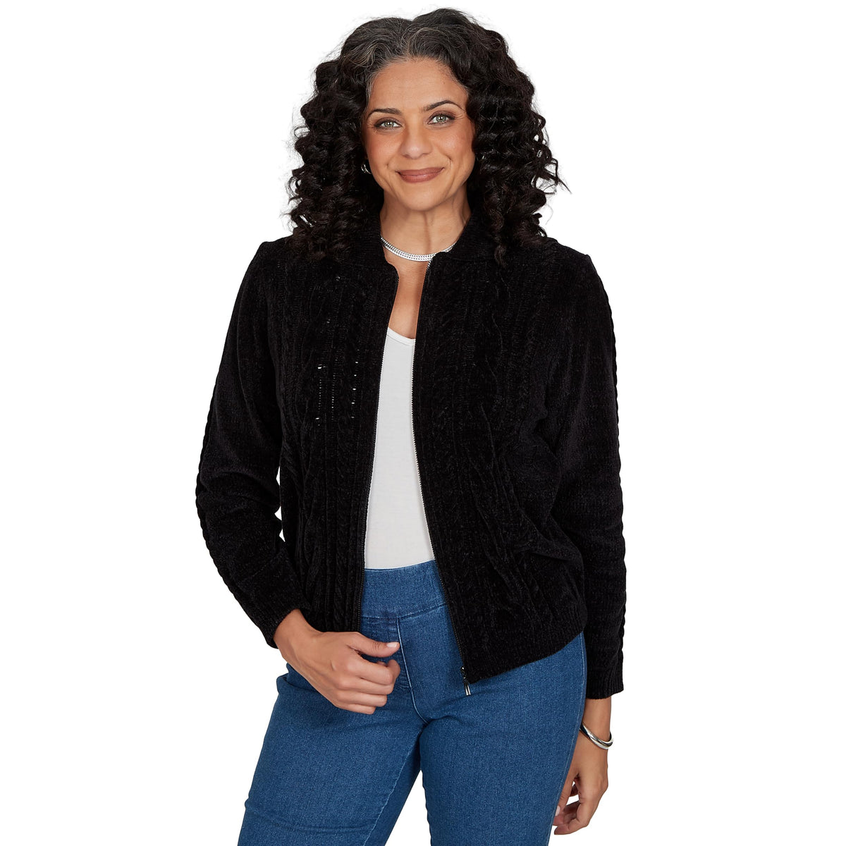 Alfred Dunner Women's Cable Chenille Zip Cardigan Sweater, Black, L